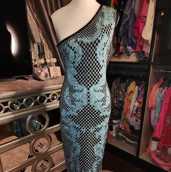 Herve Leger One Shoulder Turquiose and Black Bandeau Dress Size Medium - Picture 1 of 5